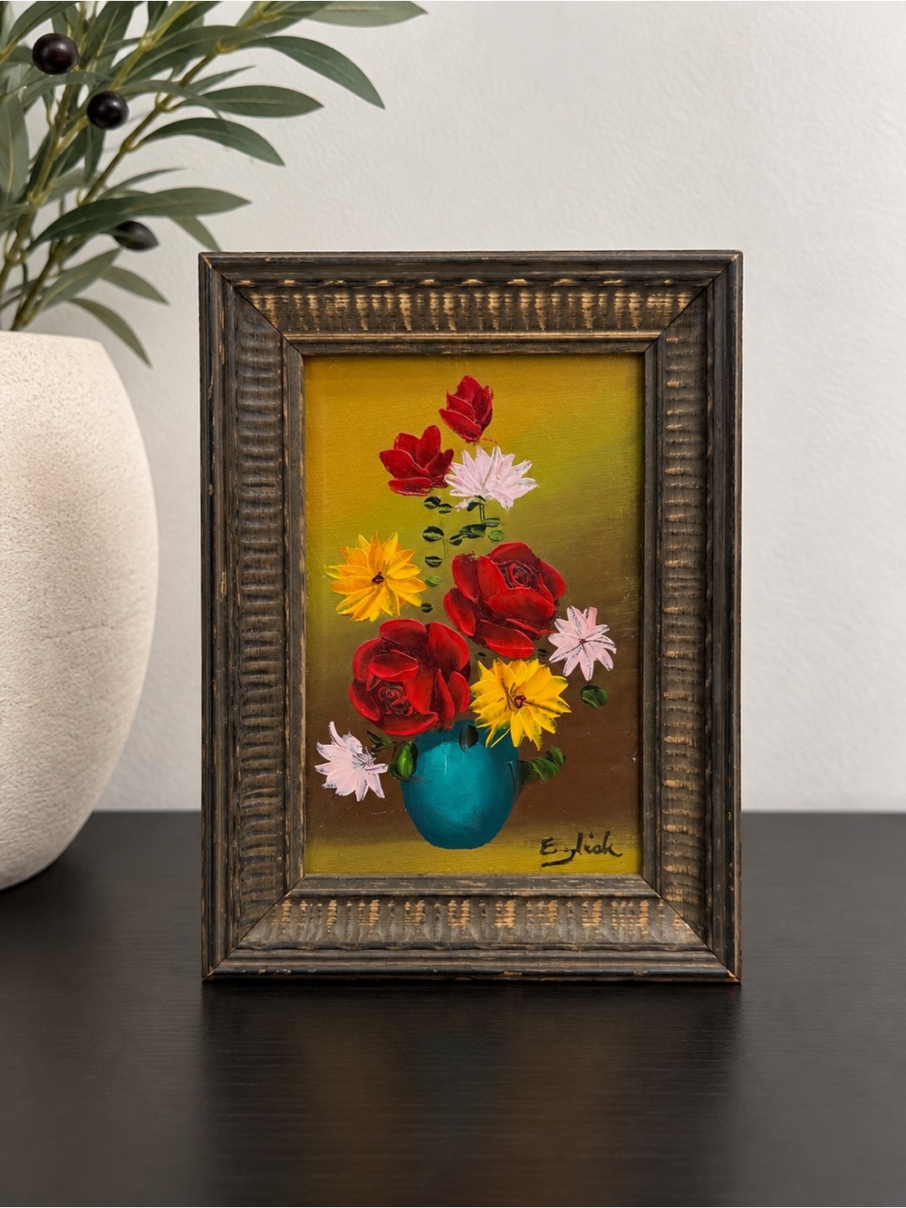 Vintage Signed Mini Floral Painting Framed Original Art Cottagecore Still Life